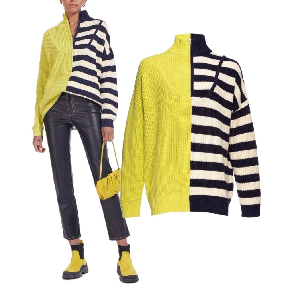 STAUD Hampton Oversized Chunky-Knit Striped Color-Block Sweater (Chartreuse)